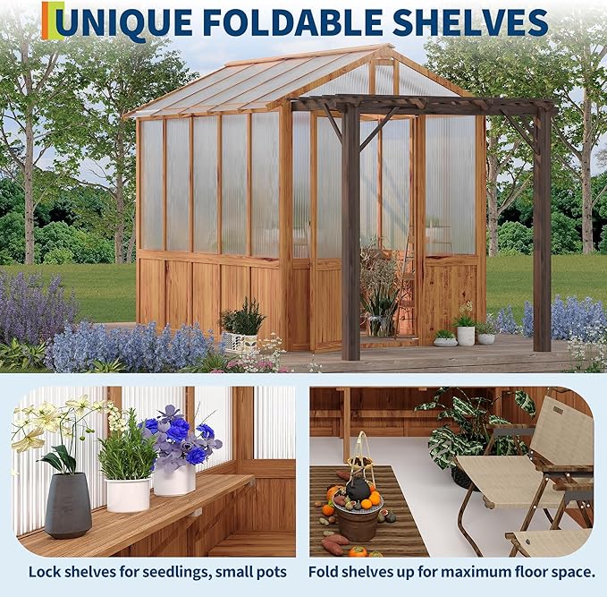 8x13FT Greenhouse Kit with Pergola, Wooden Greenhouse with Cedar Frame, Outdoor Wood Greenhouses with Roof Vent, Wood and Polycarbonate Walk-in Greenhouses