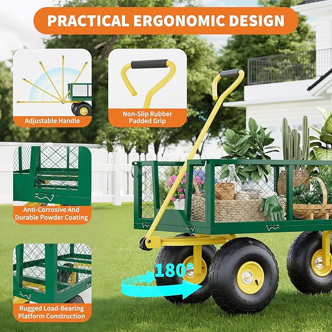 900 Lbs Garden Wagon, 2-in-1 Heavy-Duty Steel Garden Cart, with 10 Inch All-Terrain Tires and Removable Mesh Side Panels, 180° Rotating Handle, Metal Utility Yard Trailer, Outdoor Gardens Wagon Cart
