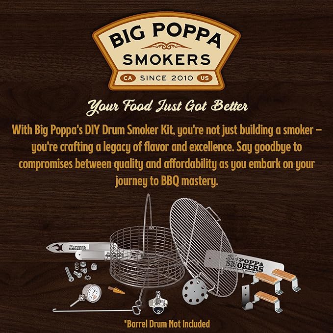 Big Poppa's DIY Drum Smoker Kit - Convert a 55 Gallon Drum into a Premium BBQ Grill - Unleash Your Inner Pitmaster & Craft Your Customize BBQ Setting with our Smoker Accessories