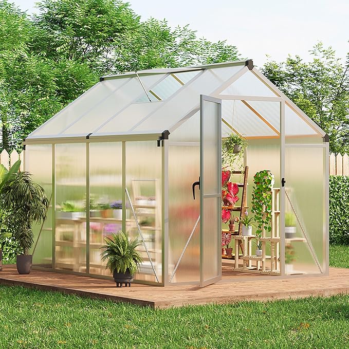6×8 FT Greenhouse, Large Walk in Greenhouses for Outdoors and Garden Planting, Polycarbonate Greenhouse with Enhanced Aluminum Frame, Green Houses with Quick Setup Structure and Roof Vent, Silver