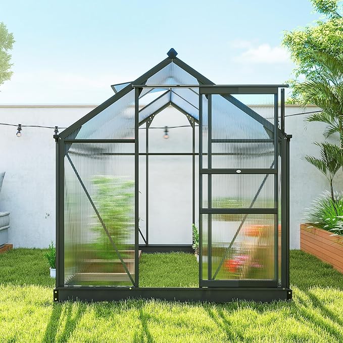 Outsunny 6' x 6' Greenhouse for Outdoors, Polycarbonate Greenhouse with Rain Gutter and Roof Vent, Aluminum Walk-in Green Houses for Outside for Patio Backyard Garden, Gray