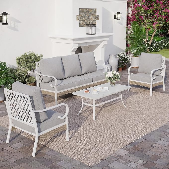 SUNSHINE VALLEY 4 Piece Metal Outdoor Patio Furniture Set, Patio Conversation Sets 1 3-Seater Sofa, 2 Single Sofa with 5.75" Extra Thick Cushion and Coffee Table, White Frame Backyard Furniture, Gray