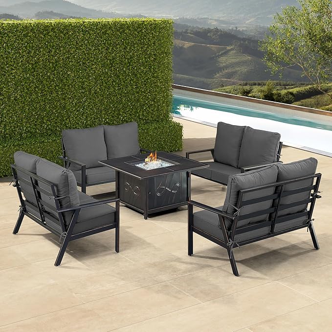 Oakland Living Black Aluminum Patio Fire Table Set with Four Deep Seating Loveseats with Cushions with Black Cushions