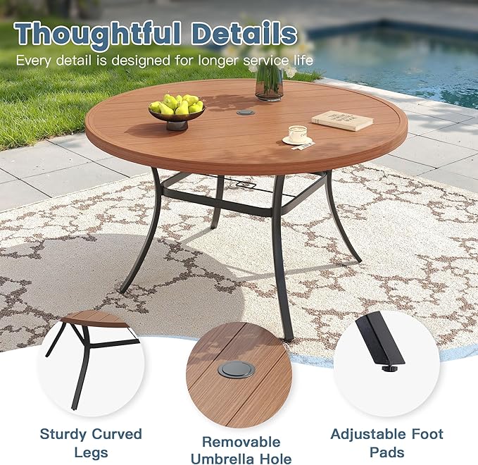 DIFY 50" Round Outdoor Patio Dining Table for 6, Metal Patio Table with 1.57" Adjustable Umbrella Hole, All-Weather Dining Furniture Table for Backyard Lawn Garden, Walnut