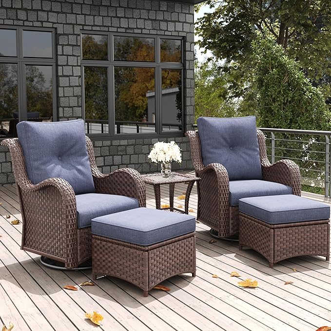 LayinSun 5 Pieces Outdoor Patio Furniture Set, Rattan Wicker Swivel Rocker Chairs Sets with Ottomans, Swivel Glider Chairs, and Coffee Table