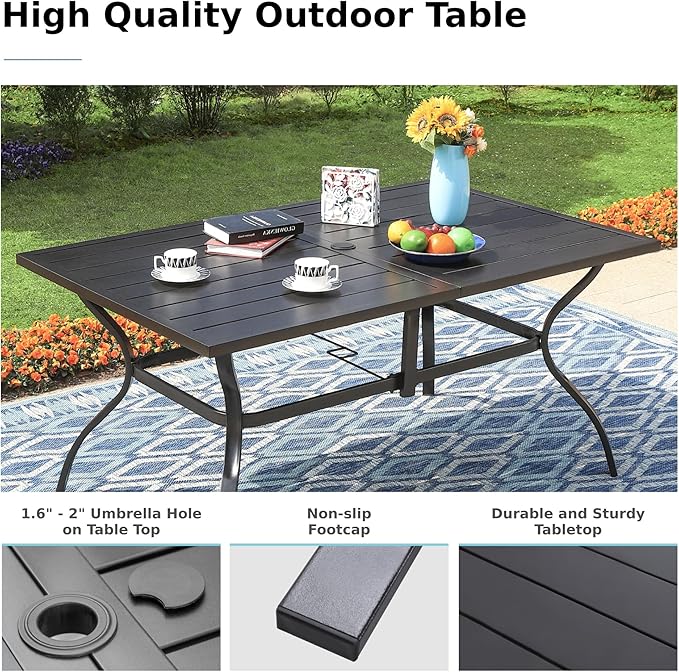 MFSTUDIO Outdoor Patio Dining Table, 6 Person Metal Patio Furniture Table with 1.57" Umbrella Hole for Deck,Backyard,Lawn,Garden (Black)