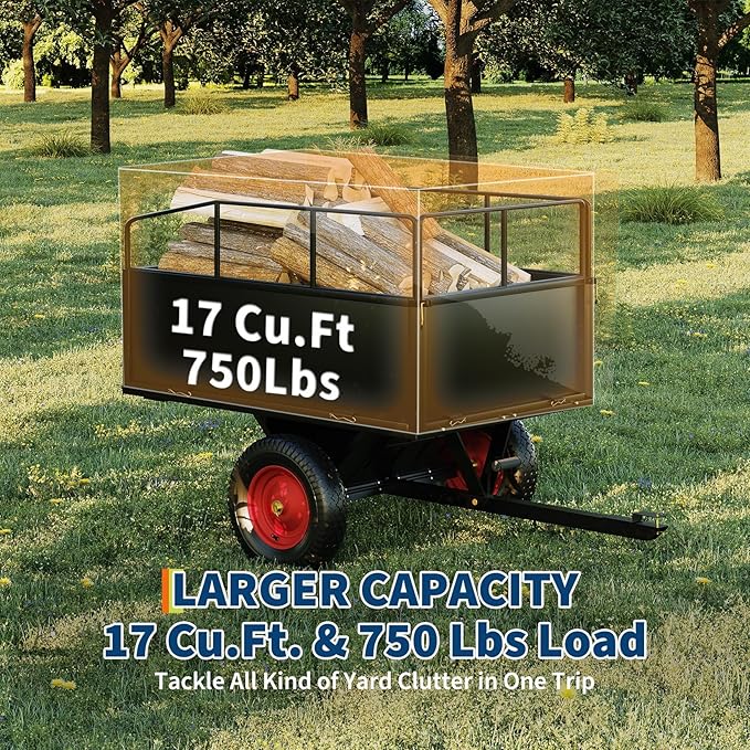 GarveeLife ATV Trailer Tow Behind Steel Dump Cart, 750 lbs 17 Cubic Feet Heavy Duty Yard Garden Utility Trailer Pull Behind with Removable Sides & All Terrain Tires for Lawn Mower, Tractor, Yard