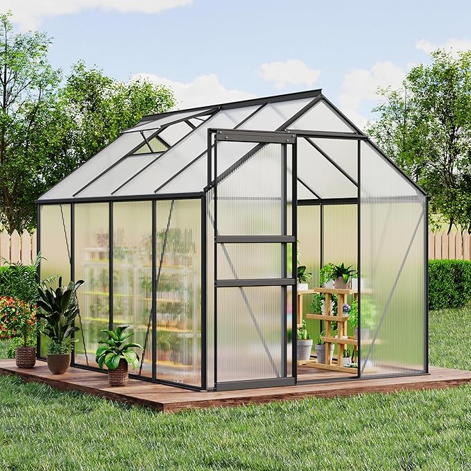 GarveeHome 6 x 8 FT Polycarbonate Greenhouse, Winter Greenhouses for Outdoors with Aluminum Frame, Sliding Door, Adjustable Roof Vent, Backyard Green Houses, Patio Garden, Black