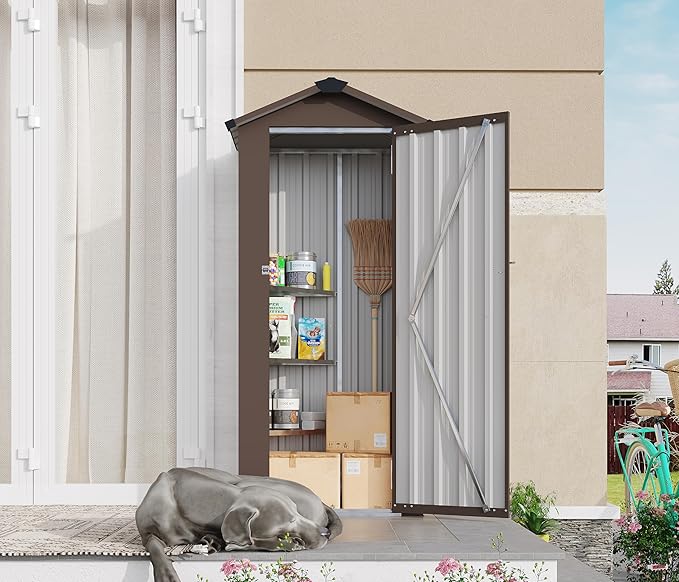 2.5x1.4 FT Mini Outdoor Storage Shed, Plastic Shed with Floor, Lockable Door, Adjustable Shelves & Sloping Roof, All-Weather Resin Shed for Garden, Backyard, Patio, Lawn (Brown)