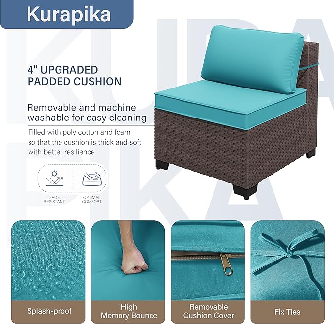 Kurapika 8 Pieces Patio Furniture Set, Rattan Wicker Outdoor Conversation Sets w/43in Propane Fire Pit Table and 4 Inch Cushion(Blue)