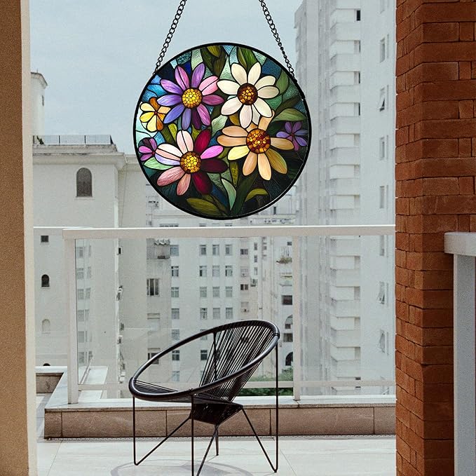 CRISGIF Stained Glass Window Hanging - Colorful Daisies Suncatcher for Door Garden Patio Retro Flower Sun Catchers Decor Christmas Mother's Day Birthday Gifts for Women Mom Nana Aunt Friend 7.8 in