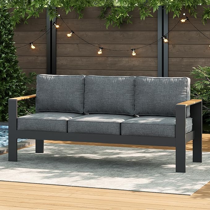 LayinSun Aluminum Outdoor Furniture Set 3 Seat Sofa, Outside Patio Deep Seating Conversation Set with Upgraded Washable Thick Cushion