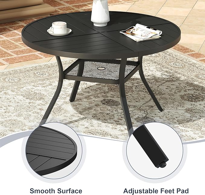 VICLLAX Round Patio Dining Table, 4 Person Metal Outdoor Dining Table with Umbrella Hole and Storage Shelf for Garden Lawn Deck, 40.6" Black