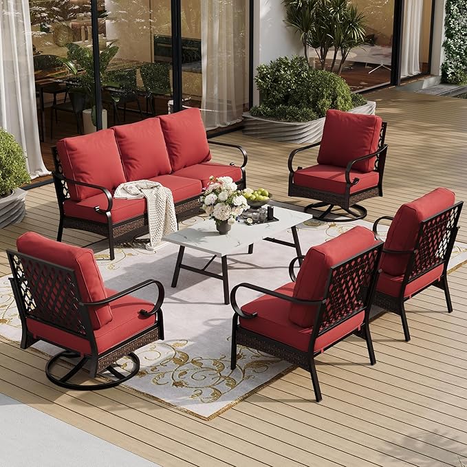 SUNSHINE VALLEY 6 Piece Metal Outdoor Patio Furniture Set, Patio Conversation Set with Swivel Chair and 5.75" Thick Cushion & Coffee Tabl, Outdoor Seating Black Frame Backyard Furniture, Rust Red