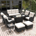 LayinSun 10 Pieces Outdoor Patio Furniture Set with Fire Pit Table, Rattan Wicker Sectional Swivel Rocker Chairs Sets with Ottomans, Swivel Glider Chair, Single Chairs and Coffee Table