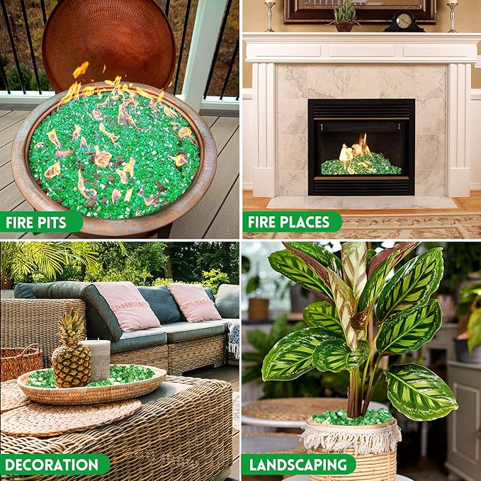 GasSaf 1/4 Inch Fire Glass Reflective Tempered Fireglass Cut Crushed FireGlass for Fire Pit, Fireplace, Replaces Existing Gas Logs & Lava Rocks (20 Pound)(Green Reflective)