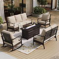 SUNSHINE VALLEY 5 Piece Metal Outdoor Patio Furniture Set with Firepit Table, Patio Conversation Sets 1 3-Seater Sofa, 2-Seater Loveseat, 2 Rocking Chairs with 5.75" Cushion for Backyard Deck, Beige