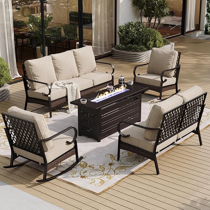 SUNSHINE VALLEY 5 Piece Metal Outdoor Patio Furniture Set with Firepit Table, Patio Conversation Sets 1 3-Seater Sofa, 2-Seater Loveseat, 2 Rocking Chairs with 5.75" Cushion for Backyard Deck, Beige