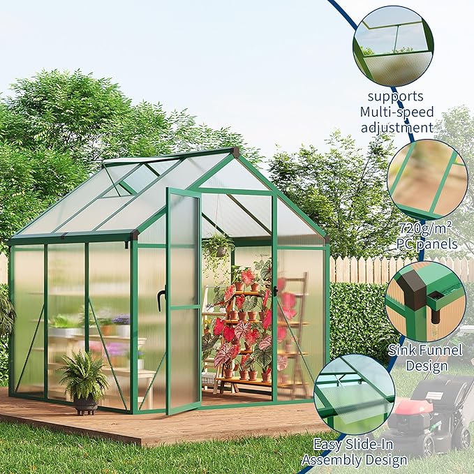 6 x 6 ft Greenhouse, Greenhouses for Outside, Polycarbonate Greenhouse with Aluminum Frame, Lockable Door and Ajustable Roof Vent for Backyard, Green Houses for Outside Garden Backyard, Patio