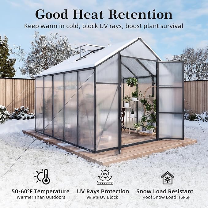 KEIKI 8x10 FT Polycarbonate Greenhouse for Outdoors, Durable Aluminum Walk-in Greenhouse with Gutter Drainage & Tall Growing Space for Plants, Black