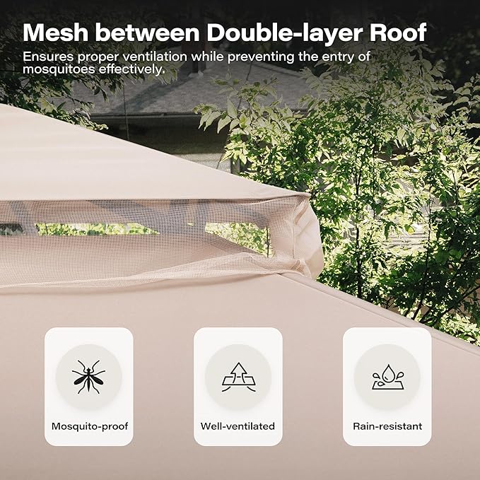 LAUSAINT HOME Outdoor Patio Gazebo 10'x13' with Expansion Bolts, Heavy Duty Party Tent & Shelter with Double Roofs, Mosquito Nettings and Privacy Screens for Backyard (Champagne Khaki)