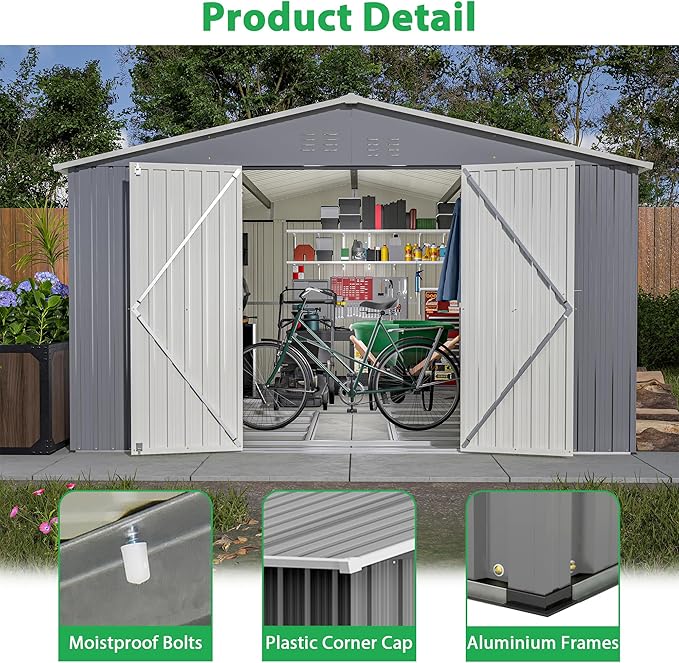 Outdoor Storage Shed, 11 X 13 FT Large Metal Utility Tool Sheds with Floor Frame, Steel Garden Shed for Backyard Garden Patio Lawn