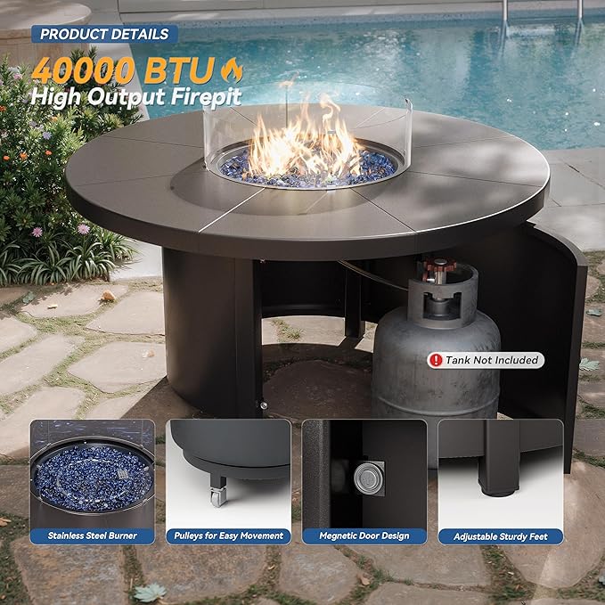 Kurapika 5 Pieces Patio Furniture Set, Rattan Wicker Outdoor Conversation Sets, 4 Woven Rattan Swivel Chairs w/48in Propane Fire Pit Table and Thickened Cushions, Grey