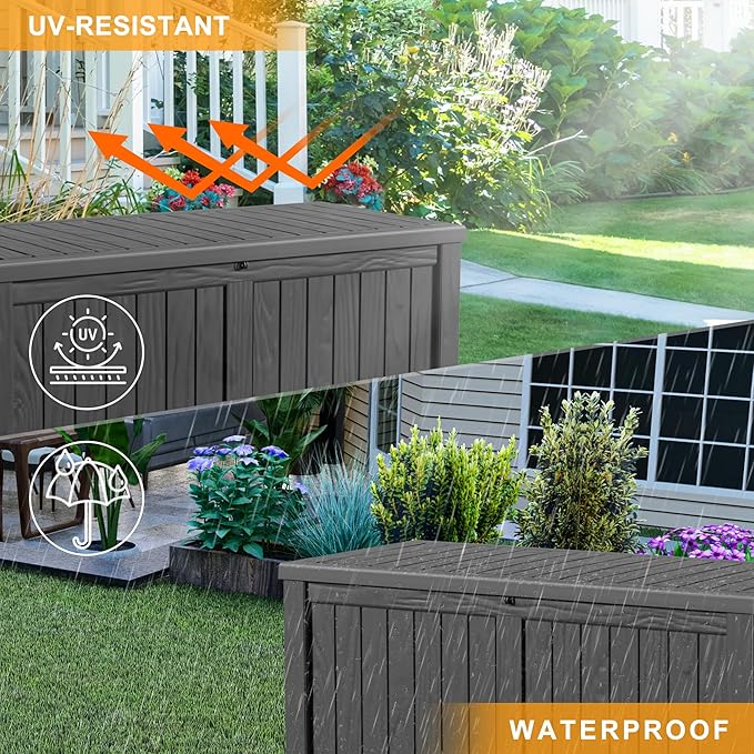150 Gallon Outdoor Deck Box,Storage Lockable Waterproof Patio Furniture,Garden Tools,Cushions,Pool Accessories Outside Storage Resin Box(Black)