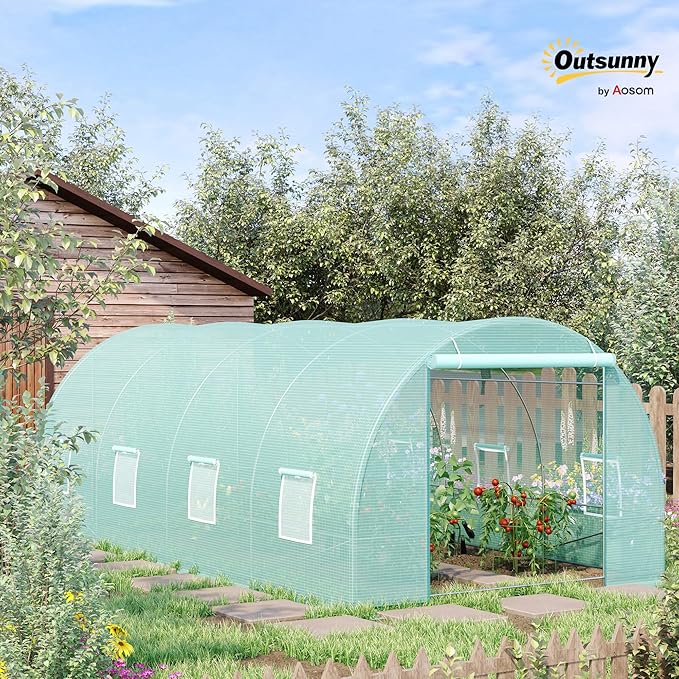 Outsunny 20' x 10' x 7' Walk-in Tunnel Greenhouse with Zippered Door & 8 Mesh Windows, Large Garden Green House Kit, Galvanized Steel Frame, Green
