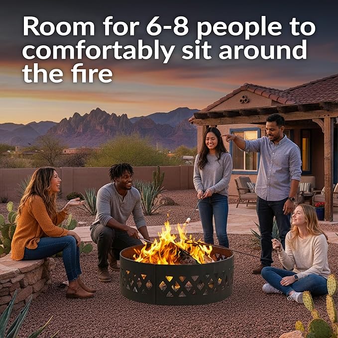 Sunnydaze 36-Inch Outdoor Fire Pit Ring with Poker - Round Heavy-Duty Steel Fire Ring for Camping or Backyard - Crossweave - 12" H
