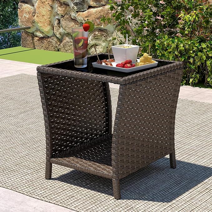 kinbor Outdoor Wicker Side Table - Set of 2 Tempered Glass Top Small Outdoor Table with Storage Shelf for Patio, Balcony & Porch, Durable PE Rattan & Iron Frame
