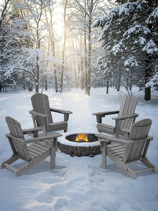 KINGYES Folding Adirondack Chair Set of 2, Dual Cup Holders & All-Weather HDPE, Wood-Like Patio Chair for Backyard, Camping, Pool & Fire Pit, Grey