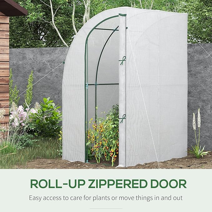 Outsunny 5' x 4' x 7' Outdoor Lean to Greenhouse, Walk-in Green House Plant Nursery with Roll-up Window, PE Cover, White