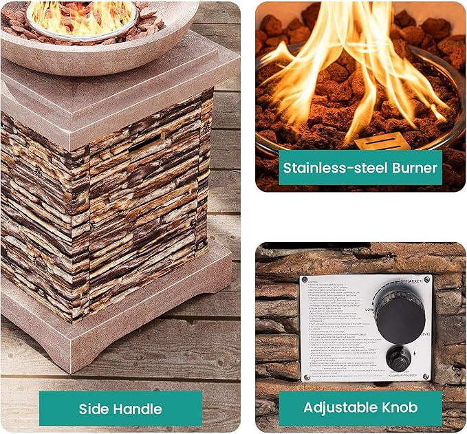 SUNBURY Outdoor Propane Fire Pit, Gas Fire Pit for Outside Patio, Stone Outdoor Fire Table Fire Column 40,000 BTU Propane Fire Tables Firepit Table w Lava Rocks, CSA Certified, Waterproof Cover