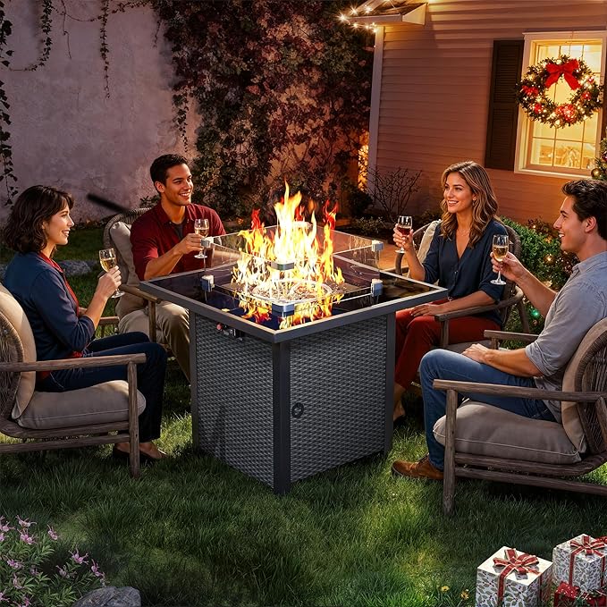Propane Fire Pit Table, Outdoor Fire Pit Table, 28" Rattan Square Outdoor Gas Fire Pit with Glass Wind Guard, Tempered Glass Tabletop, Lid, CSA Listed, 50,000 BTU for Outside Patio Deck & Garden,Black