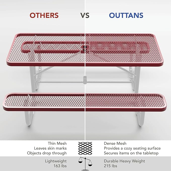 Commercial Heavy-Duty Metal Picnic Table - ADA Compliant, Adjustable Seats, Umbrella Hole, Expanded Metal (Red, 6' Rectangular)