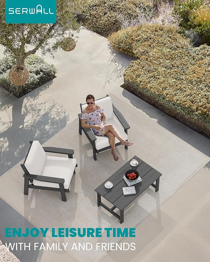 SERWALL HDPE Outdoor Couch Set of 2, All-Weather Wood-Like Outdoor Patio Furniture Set, Outdoor Sofa Chairs with Khaki Cushions