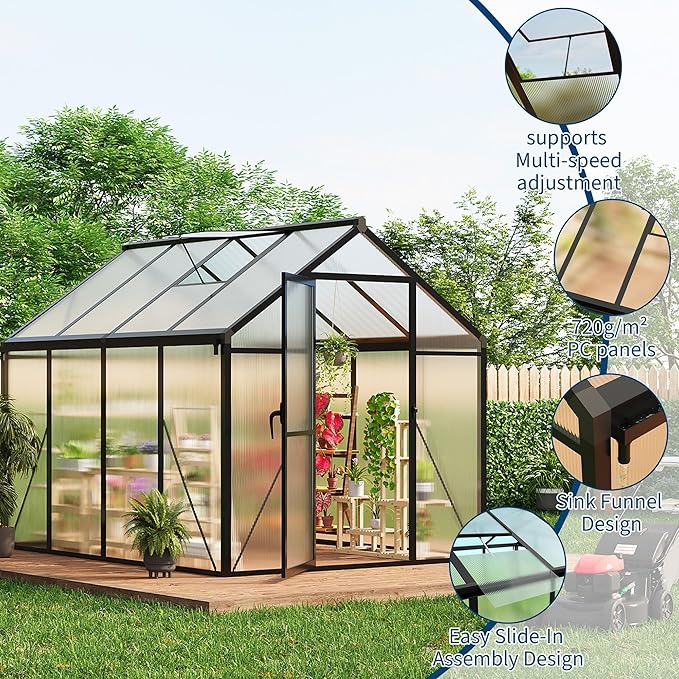 6x8 FT Greenhouse, Polycarbonate Walk-in Greenhouse for Outdoors with Roof Vent & Lockable Outward-Opening Swing Door, Heavy-Duty Aluminum Green House for Garden, Backyard, Patio, Lawn, Dark Grey