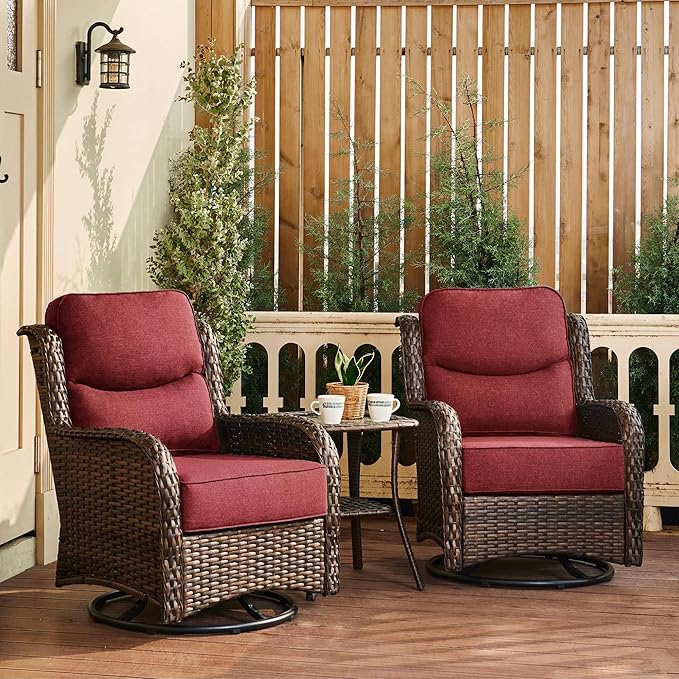 HILLGA Luxury Outdoor Swivel Rocker Patio Chairs of 2 with 6 Inch Thick Cushions and Side Table, Swivel Outdoor Chairs 3PCS High Back Wicker Patio Furniture Set for Porch, Balcony, Deck in Burgundy