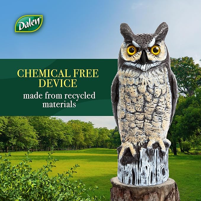 Dalen Large Fake Owl Decoy to Scare Birds Away - 16 in Hand-Painted Great Horned Owl Garden Scarecrow for Natural Pest Control - Fixed Head Design - Secure Upright by Filling with Sand/Gravel Only