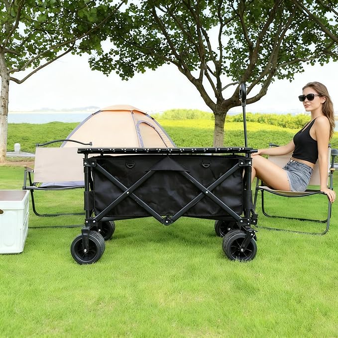 Collapsible Foldable Wagon Cart with Big Wheels and Tabletop, Large Capacity 440Lbs Folding Utility Wagon Carts for Sand, Beach, Camping, Shopping, Sport (Black)
