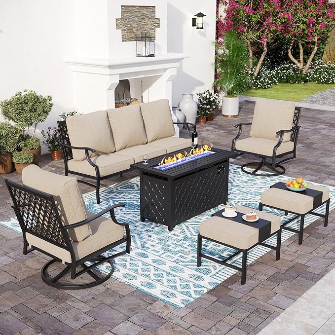 SUNSHINE VALLEY Patio Furniture Set with Firepit Table, Metal Outdoor Patio Furniture, 2 Swivel Chairs, 3 Seater Sofa, 2 Ottomans with 5.75" Extra Thick Cushion and Gas Firepit Table for Backyard Deck