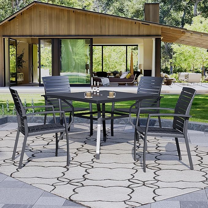 Anmutig Outdoor Dining Table with 1.57" Umbrella Hole, Picnic Table Metal Steel Square Backyard Bistro Table Outdoor Dining Table for Garden, Poolside, Backyard, Black, 37x37inch