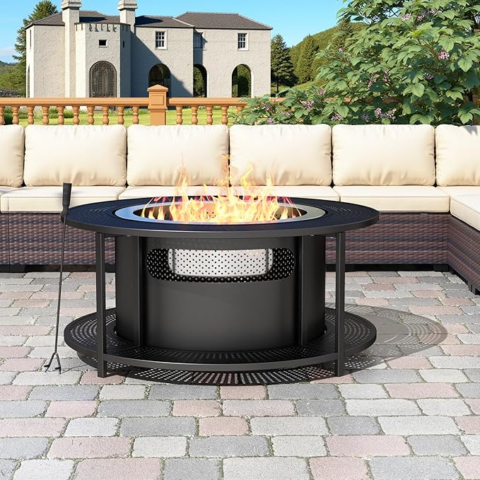 ALAULM 37 Inch Smokeless Fire Pit Tabletop, Stainless Steel Wood Burning Firepit for Outdoor Patio, Includes Weather-Resistant Cover