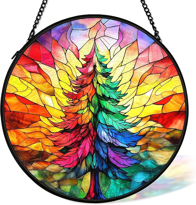 cvjutf Christmas Tree Suncatcher Stained Glass Window Hanging Decor, Colorful Xmas Tree Stained Glass Wall Decor, Christmas Garden Sun Catchers Indoor Window Hanging Wall Art Lawn, 7.9x7.9 Inch