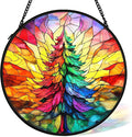 cvjutf Christmas Tree Suncatcher Stained Glass Window Hanging Decor, Colorful Xmas Tree Stained Glass Wall Decor, Christmas Garden Sun Catchers Indoor Window Hanging Wall Art Lawn, 7.9x7.9 Inch