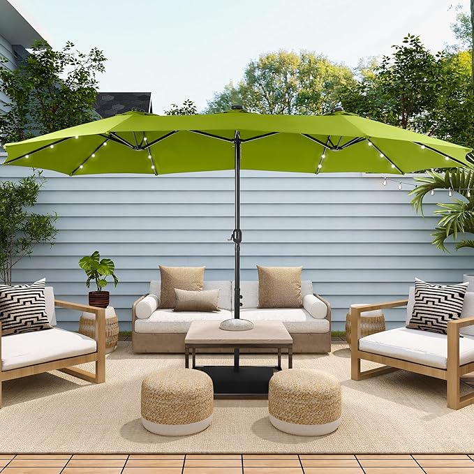 Sophia & William 15 ft Extra Large Patio Umbrella with Solar Lights, Rectangular Outdoor Umbrella with Base Included, Market Umbrella Double-sided Heavy Duty for Pool Garden Backyard, Lime