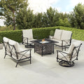 Oakland Living Black Aluminum Patio Fire Table Set with Two Deep Seating Loveseat with Cushions and Two Club Chairs