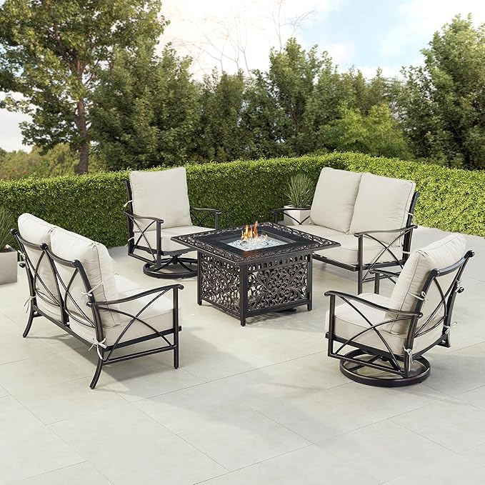 Oakland Living Black Aluminum Patio Fire Table Set with Two Deep Seating Loveseat with Cushions and Two Club Chairs