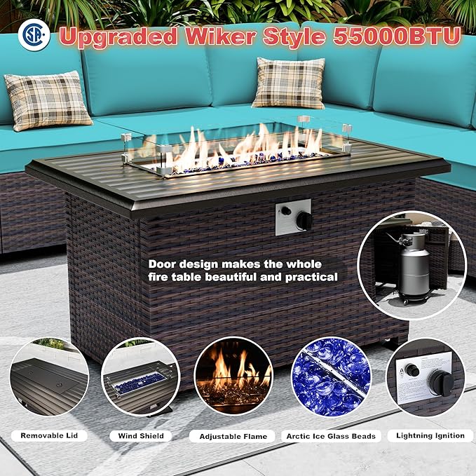 Outdoor Patio Furniture Set with Gas Fire Pit Table, 7 Pieces Patio Furniture Set Outdoor Sectional Sofa w/43in Propane Fire Pit, PE Wicker Rattan Patio Conversation Sets（Blue）.